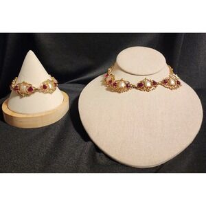VTG Ornate Gold-tone Pearl & Ruby Choker Necklace Bracelet Set Valentines Day